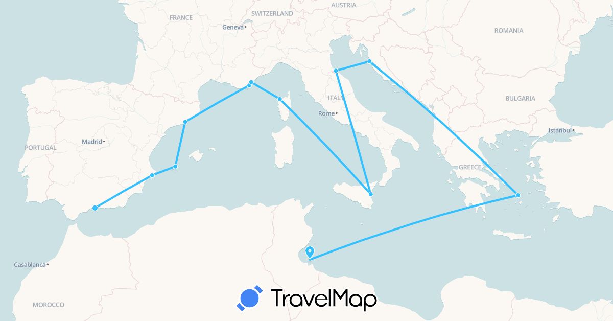 TravelMap itinerary: boat in Spain, France, Greece, Croatia, Italy, Tunisia (Africa, Europe)